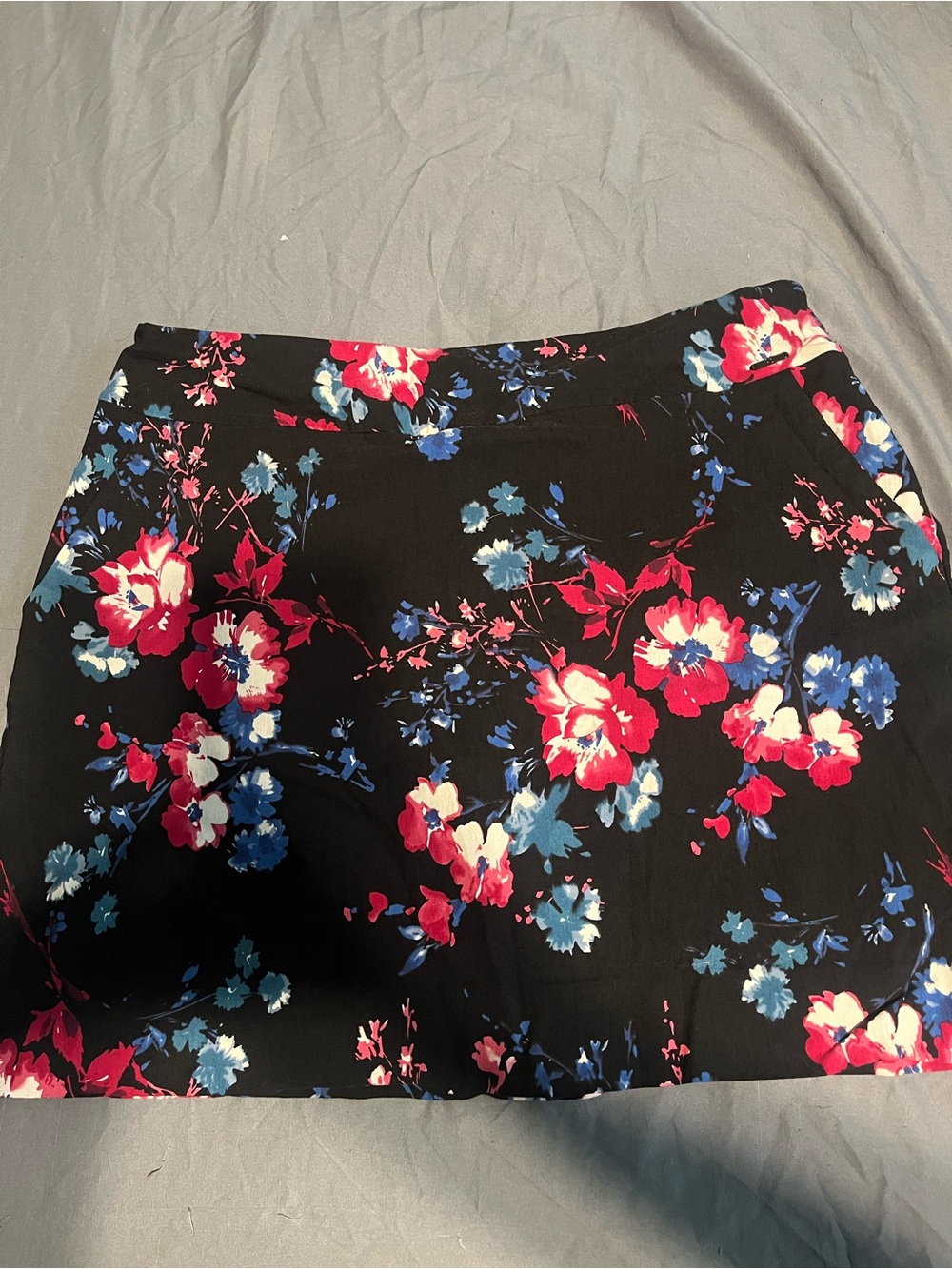 Floral Print Black Mini Skort - Red & Blue Flowers